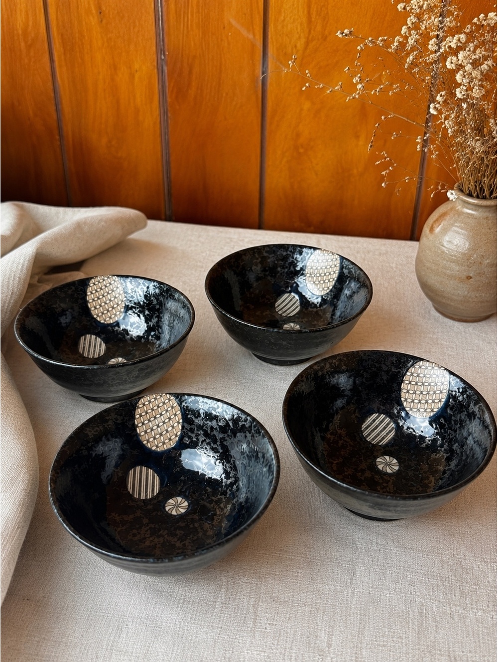 Vintage Black Ceramic Bowls Set Of 4 6 Inch Japanese Style Stoneware